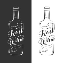 Wine Bottle. White, Red Wine. Advertising Design For Pub On Black Background.