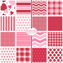 Valentine's Day Seamless Pattern Set For Textiles, Apparel, Fabric, Paper Products, Cards, Scrapbooking And More. Red And Pink Hearts, Polka Dots, Stripes, Chevron And Plaid Geometric Prints.