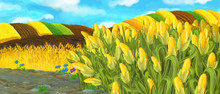 Cartoon Nature Scene - Farm Fields - Empty Stage For Different Usage - Illustration For Children