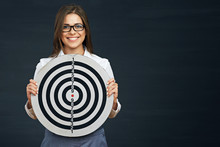 Smiling Business Woman Holding Black White Target.