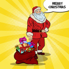 Wall Mural - pop art smiling santa claus with bag of christmas and new year gifts. vector illustration