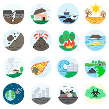 Catastrophe Icons Set. Cataclysms, Symbols Collection. A Catastrophe Of Global Proportions, 

Flat Design. Destructive Events, Isolated Vector Illustration