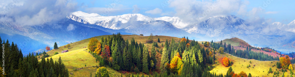 Autumn and winter in the mountains - obrazy, fototapety, plakaty 