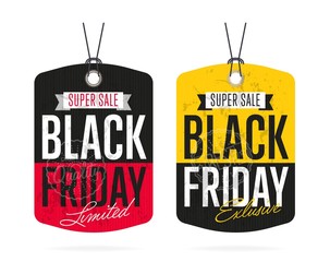 Black Friday sale tag sticker vector isolated. Discount or special offer price tag on Black Friday. Promo offer or ad offer on special shopping day.