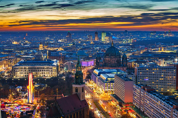 Fototapete - Aerial view on downtown of Berlin at night, Germany