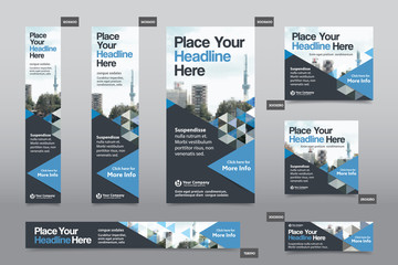 blue color scheme with city background corporate web banner template in multiple sizes. easy to adap