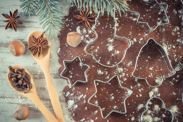 Vintage photo, Dough for Christmas cookies, spice and ingredient for baking gingerbread