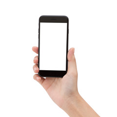 Poster - close up hand hold phone isolated on white, phone matte black co