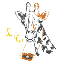Fun Sketch Illustration Of A Giraffe Photographer.
