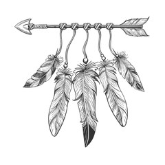 Wall Mural - vintage nativity hand drawn arrow with feathers. tribal boho indian dreamcatche talisman isolated on