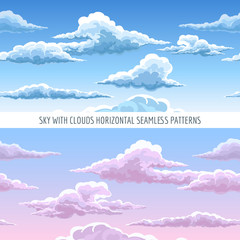 Wall Mural - vector blue sky with clouds horizontal seamless pattern. cartoon heavenly clouds in the sky on sunny