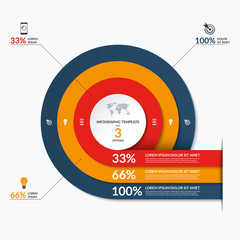 Circle infographic template. Vector banner with 3 options- 33, 66, 100 percent. Can be used for diagram, graph, chart, report, data visualization, presentation, web design