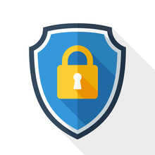 Vector Protective Shield Icon With The Image Of A Padlock. Security Concept Simple Icon In Flat Style With Long Shadow On White Background