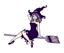 Sexy Cute Pin-up Girl In Witch Halloween Costume Riding Magic Flying Broom Stick Black And White Vector Cartoon Illustration