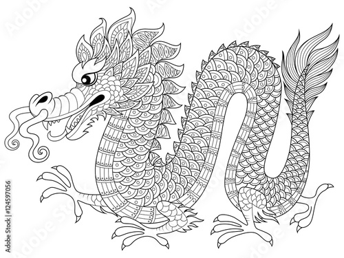 Chinese dragon in zentangle style. Adult antistress ...