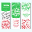 Italian food vintage design template. Vertical banners set. Vector illustration hand drawn linear art. Italian Cuisine restaurant menu. Hand drawn sketch vector banners.