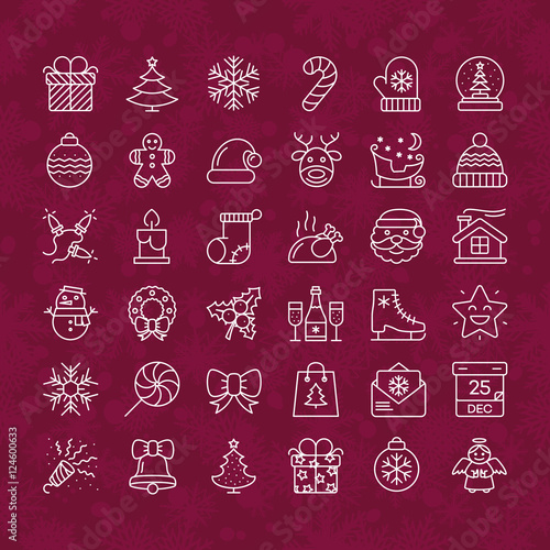 Merry Christmas line icons set white color thin style isolated on snow