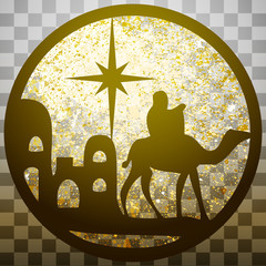 Adoration of the Magi silhouette icon vector illustration gold on gray transparent background. Scene of the Holy Bible