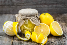 Slices Of Lemon In Jar Preserved In Sugar. Homemade Preserving Food For Winter.