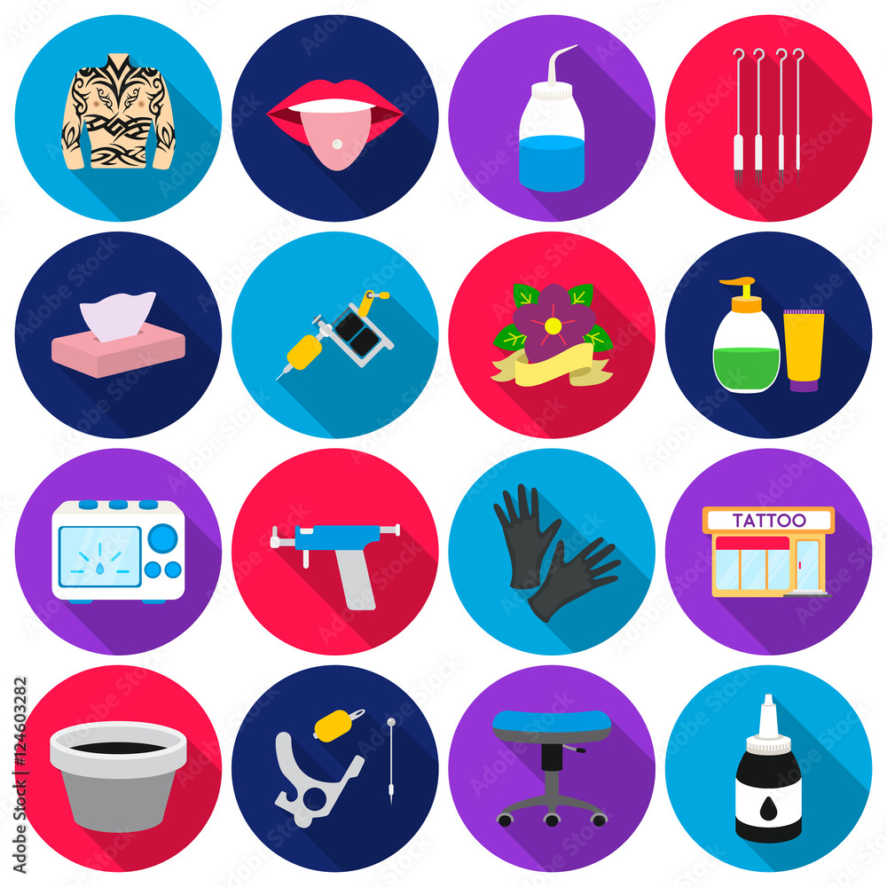 Tattoo studio set icons in flat style. Big collection tattoo studio ...
