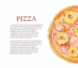 Wall Mural - Isolated watercolor pizza on white background. Tasty italian snack or street food. Italian cuisine. Poster with text.