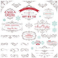 Wall Mural - ornate christmas frames and swirl elements with merry christmas quotes and snowflakes.