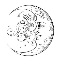 Poster - Antique style hand drawn art crescent moon. Boho chic tattoo design vector