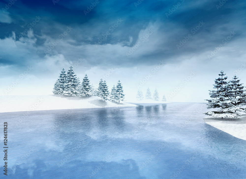 Frozen Lake With Trees And Cloudy Sky Stock Illustration Adobe Stock