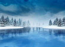 Frozen Lough With Trees And Cloudy Sky