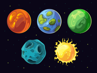 Wall Mural - comic planets and stars vector set for space computer game user interface