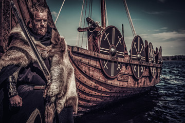 Wall Mural - Viking warrior with sword standing near Drakkar on seashore