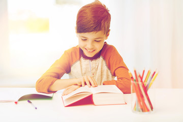 Poster - smiling, student boy reading book at home