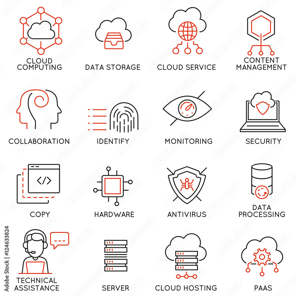 Vector set of 16 modern thin line icons related to cloud computing ...