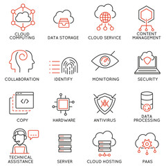 Vector set of 16 modern thin line icons related to cloud computing service and data storage. Simple mono line pictograms and infographics design symbols - part 1