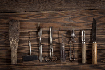 vintage objects on wooden background vintage concept and Rustic