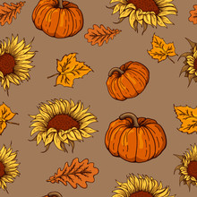 Autumn Pattern With Sunflowers And Pumpkins