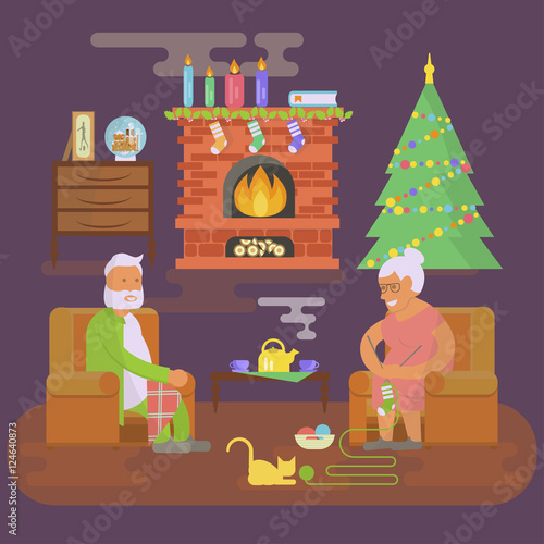 House Christmas Room Interior Objects In Flat Style Xmas Tree And