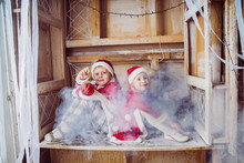 Small Children,  Kids Dressed Costume Santa's Helper 