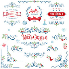 Wall Mural - ornate christmas frames and swirl elements with merry christmas quotes and banners, snowflakes, chri