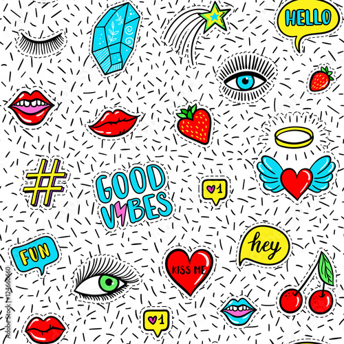 Materiał do szycia Wektor wzór zabawa moda patche: oczy, wargi, star, truskawka, wiśnia, kryształ, dobre wibracje dymek na tle konfetti. Pop-art naklejki, naszywki, szpilki, odznaki styl lat 80-90-tych
