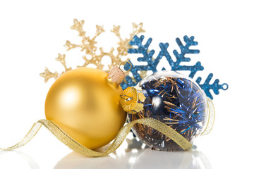 Wall Mural - golden and blue christmas ornaments on white background. merry xmas card. happy new year.