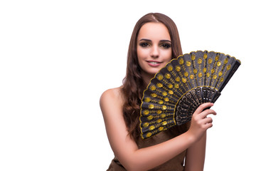 Wall Mural - Woman with fan isolated on white