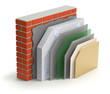 Layered brick wall thermal insulation concept on white background