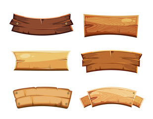 Wall Mural - Cartoon wood blank banners and ribbons, western signs vector set