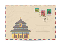 China Vintage Postal Envelope With Postage Stamps And Postmarks On White Background, Isolated Vector Illustration. Chinese Ancient Temple. Air Mail Stamp. Postal Services. Envelope Delivery.