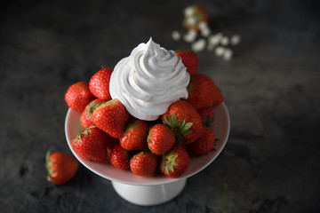 Aufkleber - Fresh strawberries with whipped cream, frozen yogurt on a dark background. Top view.