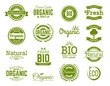 Retro style set of 100% bio, natural, organic, eco, healthy, premium quality food labels. Logo templates with vintage elements in green color for identity, packaging. Set of vector badges.
