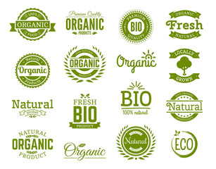 retro style set of 100% bio, natural, organic, eco, healthy, premium quality food labels. logo templ