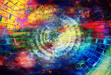 Aufkleber - detail of solar mandala amids music notes in space symboliting music inspiration.