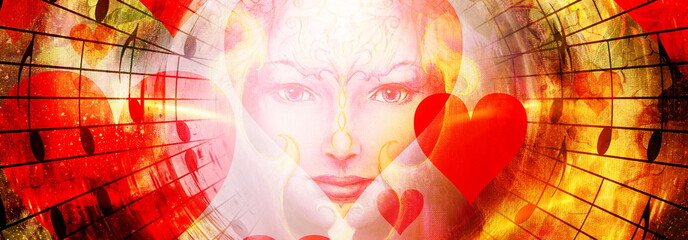 Leinwandbilder - beautiful face of mystical being with music notes, hearts and birds on woman face, symbol of the muse of music, in space.